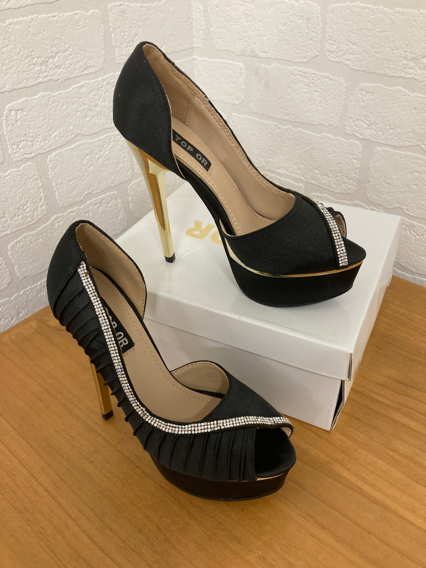 Brand New Black Satin Peep Toe High Heels From Top Or size 3