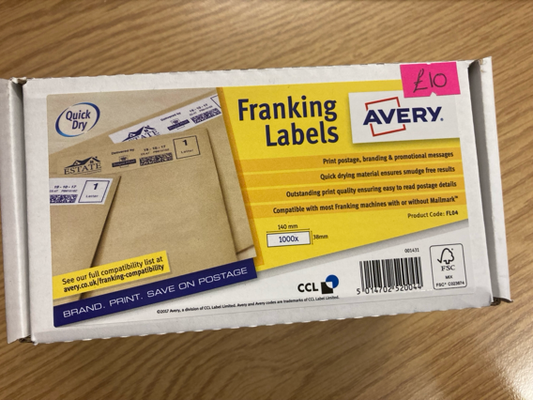 New Box of  FL04  1000 Avery Franking Labels 140mm x 38mm