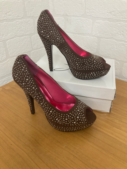 Brand New in Box Brown Suedette Peep Toe Sparkle High Heels Size 5 (38) from Juliet