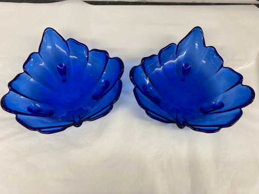 A Pair of Beautiful  Dimpled Blue Glass Leaf Dishes