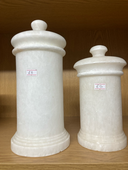 2 White Alabaster Tall pots with Lids